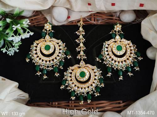 Fancy Style Clustered Pearl High Gold Polish Designer Beautiful Kundan Stones Kundan Maang Tikka with Earring     — MT-1354-470