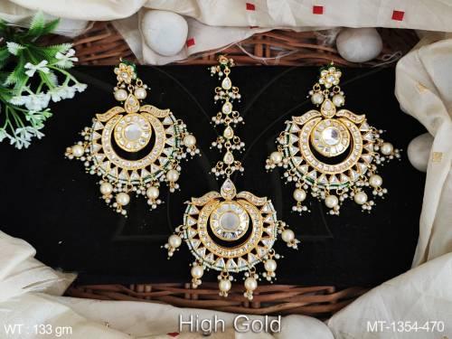 Fancy Style Clustered Pearl High Gold Polish Designer Beautiful Kundan Stones Kundan Maang Tikka with Earring     — MT-1354-470