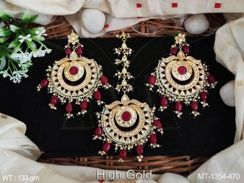 Fancy Style Clustered Pearl High Gold Polish Designer Beautiful Kundan Stones Kundan Maang Tikka with Earring     — MT-1354-470