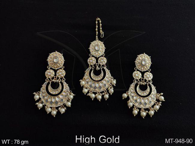 Designer High Gold Polish Kundan Jewelry full white Stones Clustered Pearl Beautiful Fancy Style Maang Tikka with Earring — MT-948-90