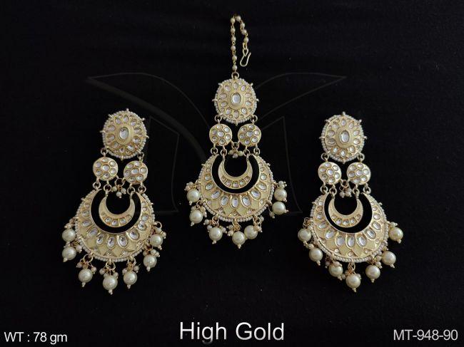 Designer High Gold Polish Kundan Jewelry full white Stones Clustered Pearl Beautiful Fancy Style Maang Tikka with Earring — MT-948-90
