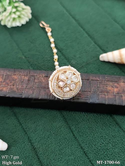 Classic High Gold Bridal Pearl Border Floral Kundan Maang Tikka 