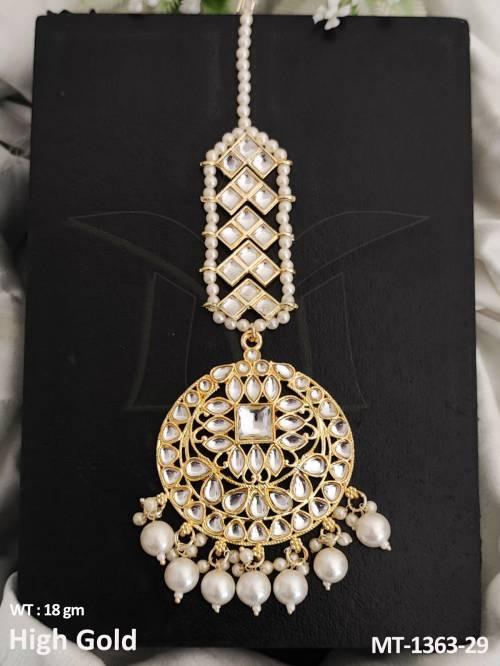 Clustered Pearl Desinger Kundan Stones High gold Polish Kundan Maang Tikka 
