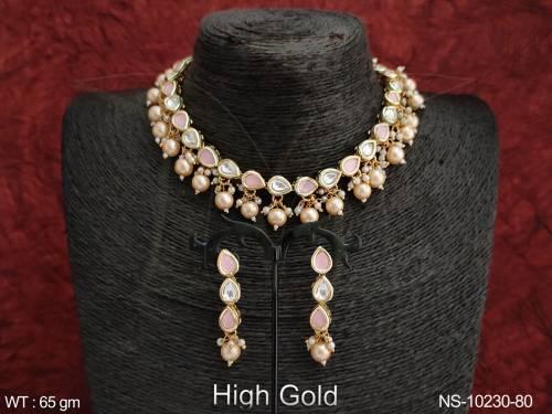 Clustered Pearl High Gold Polish Designer Party wear Kundan Necklace Set