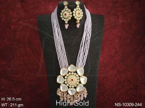 Kundan Stones High Gold Polish Designer Beautiful Cluster Pearls Party Wear Long Kundan Necklace set