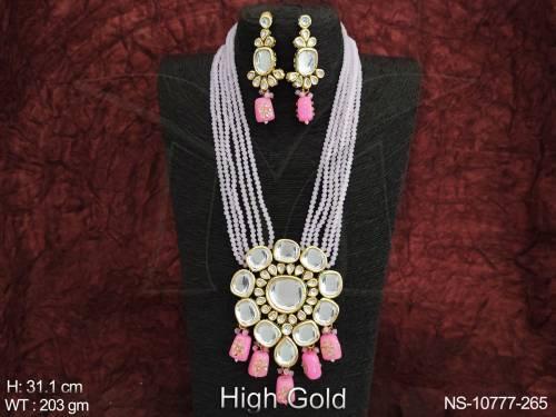 Designer Fancy Style Party wear High Gold Polish Long Kundan Jewellery Beaded Necklace Set 