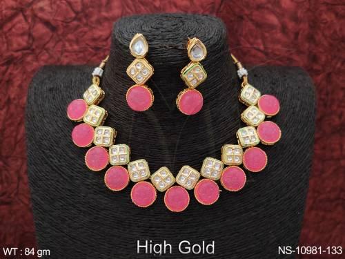 Designer Fancy Style Party wear Beautiful High Gold Polish Kundan Jewellery Short Necklace Set  