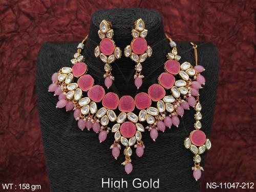 High Gold Polish Fancy Style Party wear Beautiful Kundan Jewellery Designer Kundan Short Necklace Set 