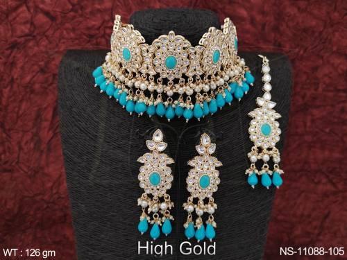 Kundan Jewelry High Gold Polish Wedding Wear Indian Jewelry Multi Colors Beautiful Look Kundan Choker Necklace Set  