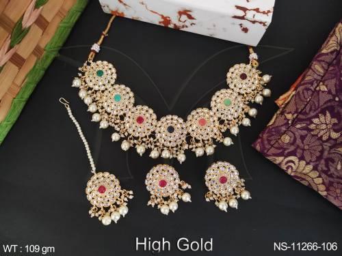 clustered-pearl-high-gold-polish-kundan-jewellery-party-wear-beautiful-kundan-choker-necklace-set