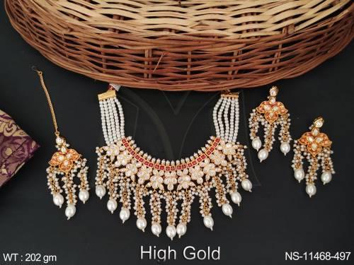 Kundan Jewelry High Gold Polish Wedding Wear Indian Jewelry Fancy Design Kundan Necklace Set 