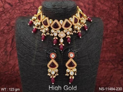 Kundan Jewelry High Gold Polish Wedding Wear Fancy Beautiful Design Kundan Choker Necklace Set 