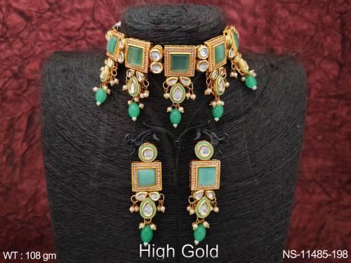 Kundan Jewelry High Gold Polish  Bridal Wear Beautiful Design Fancy Style Kundan Choker Necklace Set 