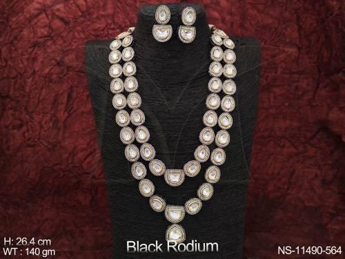 Kundan Jewelry Black Rodium Polish Double Layer Party Wear Fancy Design Kundan Long Necklace Set 