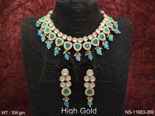 High Gold Polish Clustered Pearl Kundan Stones Party wear Beautiful Kundan Choker Necklace Set       