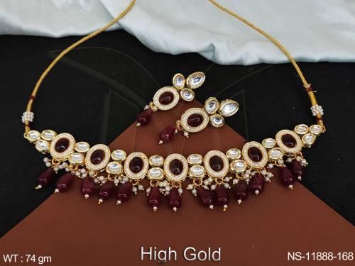 clustered-pearl-desinger-high-gold-polish-fancy-style-party-wear-kundan-jewellery-kundan-choker-necklace-set