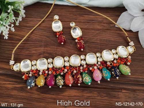 Meenakari Clustered Pearl Desinger Party wear High Gold Polish Kundan Jewellery Choker Style Necklace Set 