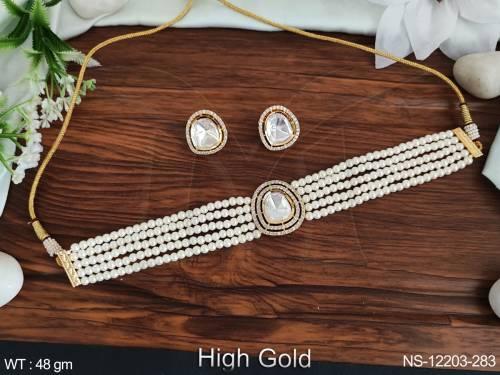 High Gold Polish Clustered Pearl Kundan Stones Kundan Jewellery Choker Style Necklace Set — NS-12203-283