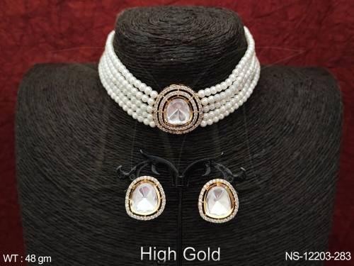 High Gold Polish Clustered Pearl Kundan Stones Kundan Jewellery Choker Style Necklace Set — NS-12203-283