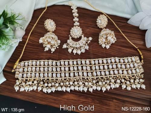 Clustered Pearl Desinger High Gold Polish Fancy Desing Party wear Choker Style Kundan Jewellery Kundan  Necklace Set