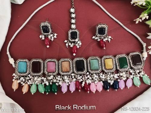 clustered-pearl-black-rodium-polish-facy-design-kundan-stones-kundan-jewellery-choker-necklace-set-