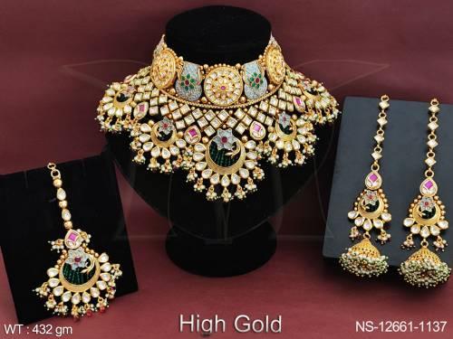 Kundan Stones High gold Polish Fancy Style Party wer Wedding Collection Kundan Jewellery Heavy Kundan Choker Necklace Set  