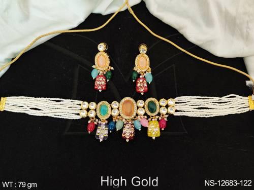Meenakari High Gold Polish Kundna Stones Ethnic Beaded Choker Style Neckalce Set E