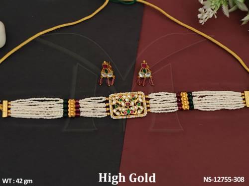 Kundan Jewelelry Fancy Style Party wear Beautiful High Gold Polish Beaded Choker Necklace Set