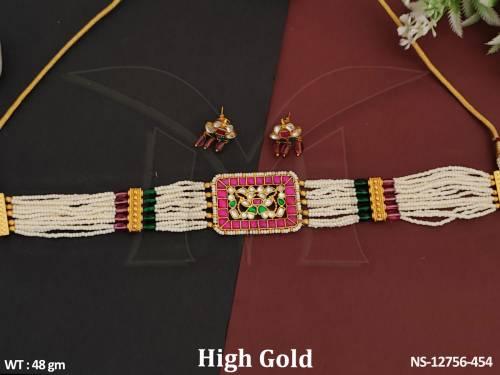 Ethnic Beaded High Gold Polish Fancy Style Part wear Kundan Choker Necklace Set      