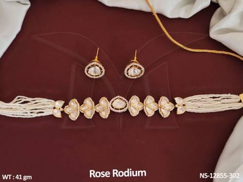 Rose Rodium Polish Fancy Design Party wear Ethnic Beaded Kundan Choker Style Necklace Set 