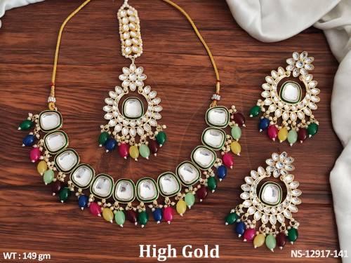 High Gold Polish Fancy Design Party wear Beautiful Kundan Sort Necklace Set  — NS-12917-141