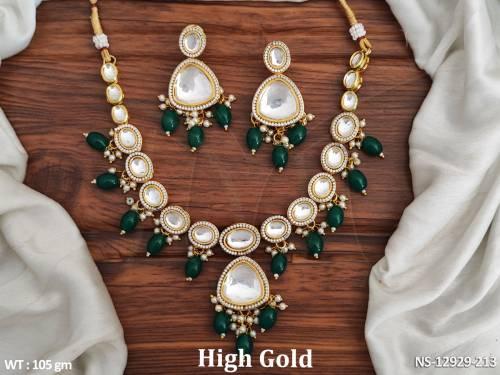 Clustered Pearl High Gold Polish Fancy Design Party wear Kundan Stones Kundan Necklace Set