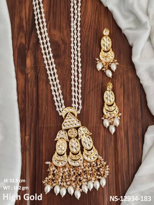 Ethnic Beaded Design High gold Polish Fancy Desing Party wear Long Kundan Stones Beaded Necklace Set