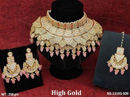 Wadding Collection High Gold Polish Fancy Style Kundan Heavy Choker Necklace Set 
