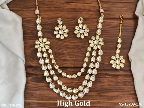 High Gold Polish Fancy Style Party wear Beautiful 3 Layer Long Kundan Necklace Set  