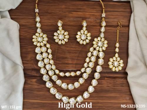 Kundan Stones High Gold Polish 3 Layer Long Kundan Necklace Set with Maang Tikka