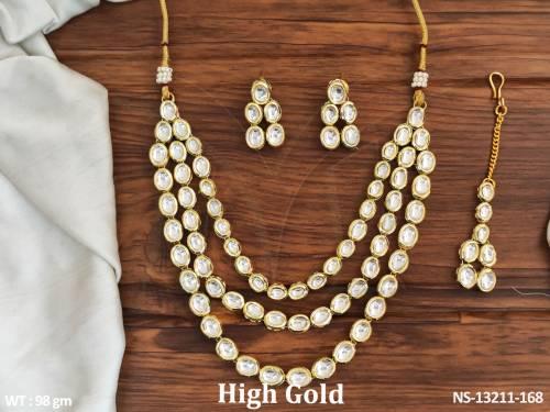 3 Layer Kundan Stones High Gold Polish Party wear Kundan Long Necklace Set 