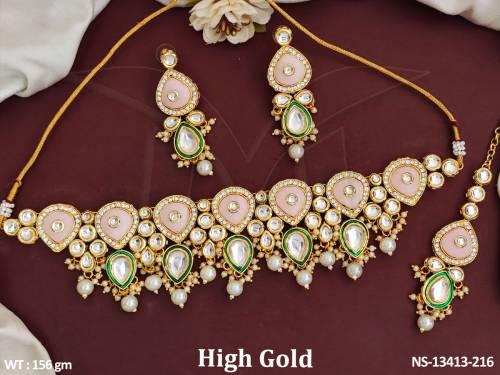 High Gold Polish Clustered Pearl Kundan Stoners Kundan Choker Style Short Necklace Set