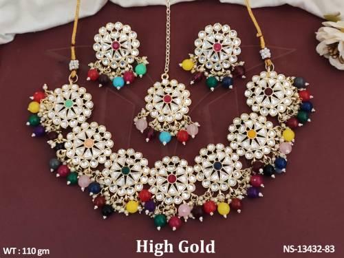 Beautiful Fancy Design Party Wear High Gold Polish Kundan Choker Necklace Set