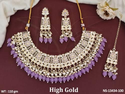 High Gold Polish Kundan Jewelry Fancy Design Wedding Wear Short Heavy Kundan Necklace Set 