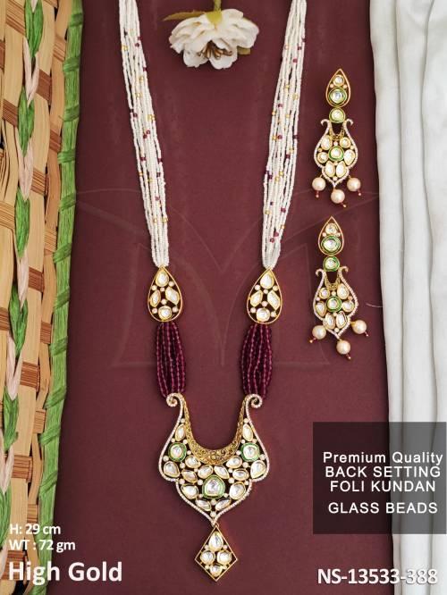 Kundan Jewelry Premium Quality Black Setting High Gold Polish Glass Beades Long Necklace Set