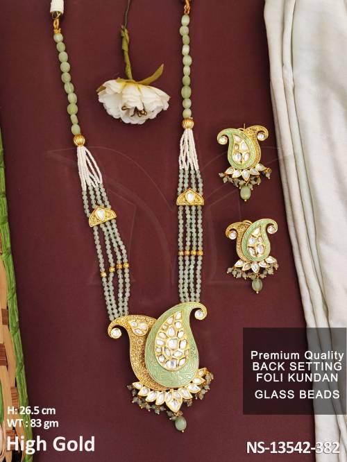 Beautiful High Gold Polsih Desinger Glass Beads Foli Kundan Long Necklace Set