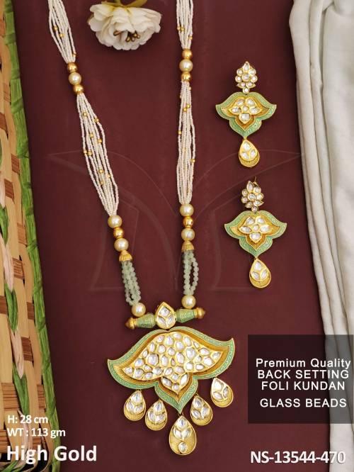 Designer Galss Beaded High Gold Polsih fancy Design Long Foli Kundan Necklace Set