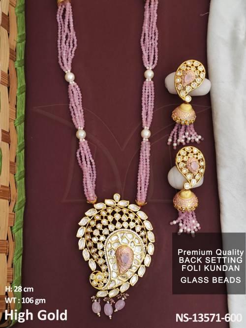 Glass Beads High gold Polsih Beautiful Party wear Long Foli Kundna Stones Kundan Jewellery Necklace Set