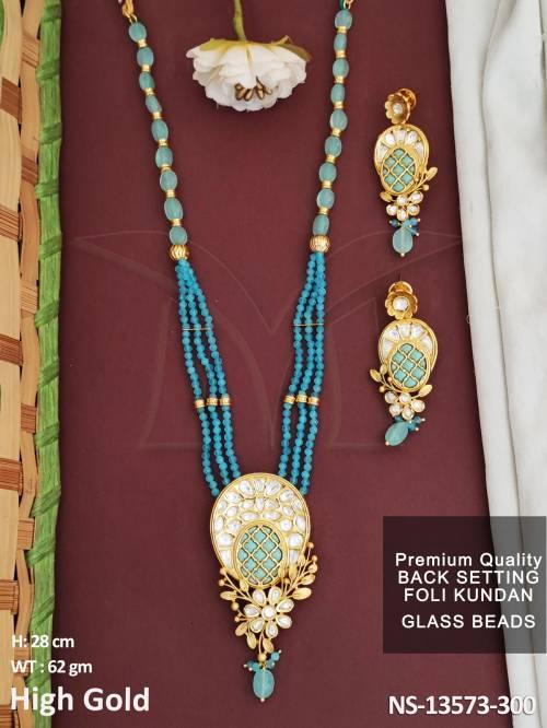 Party wear Beautiful Fancy Style High Gold Polish Kundan Jewellery Foli Kundna Long Necklace Set  