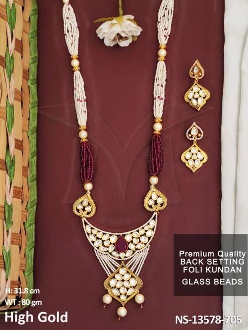 Party wear Beautiful Foli Kundan Stones High gold Polish Kundan Jewellery Long Necklace Set 