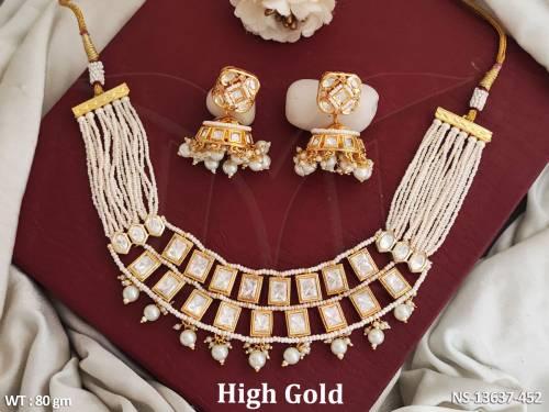 Clustered Pearl Designer Party Wear High Gold Polish Kundan Choker Necklace Set