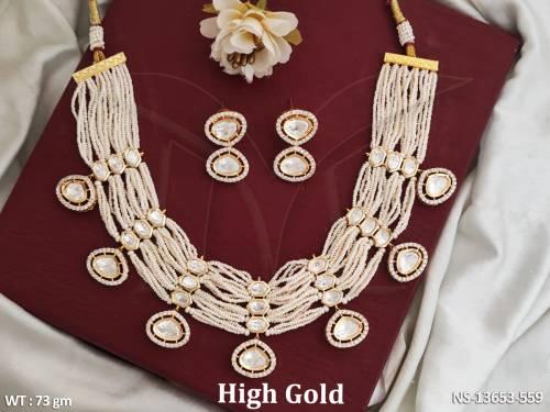 Ethnic Beaded Kundan Stones Party wear Beautiful High Gold Polish Kundan Short Necklace Set