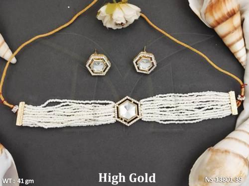 Party wear Fancy Style Designer High Gold Polish Ethnic Beaded Choker Style Kundan Beaded Necklace Set