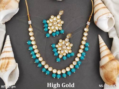 Fancy Design Party wear Clustered Pearl Kundan Stones High Gold Polish Kundan Short Necklace Set